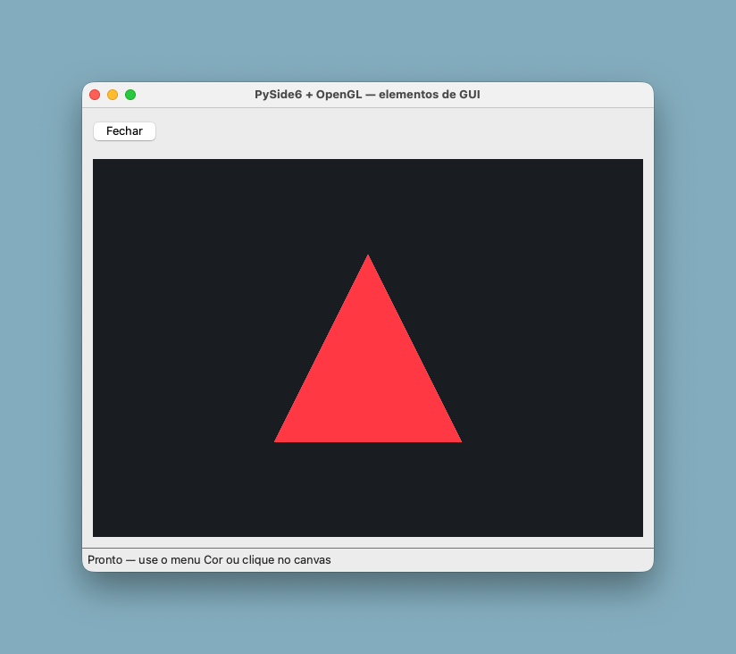 Janela intitulada "PySide6 + OpenGL — elementos de GUI". No topo, uma barra com o botão "Fechar" alinhado à esquerda; ao centro, o canvas OpenGL de fundo escuro com um triângulo vermelho preenchido apontando para cima; embaixo, a barra de status exibindo a mensagem "Pronto — use o menu Cor ou clique no canvas".