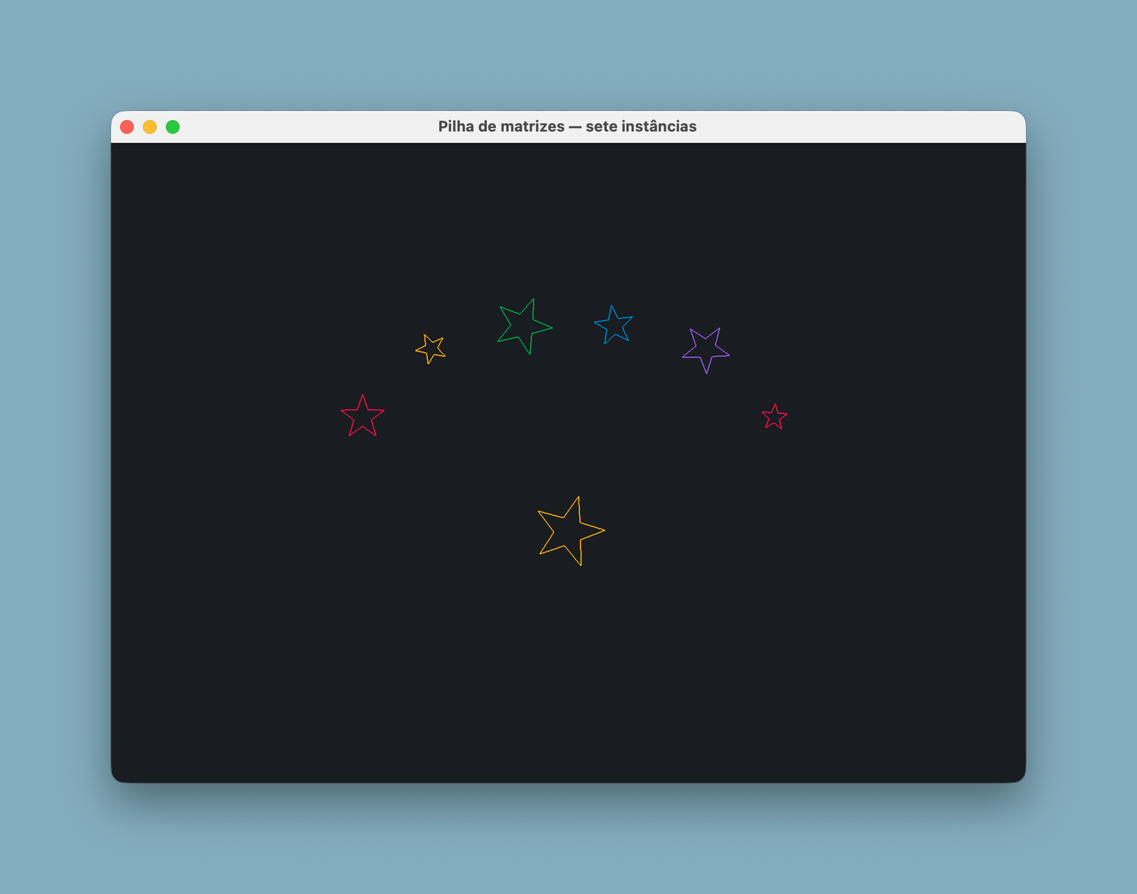 Janela do exemplo Pilha de matrizes com sete estrelas de cinco pontas. As estrelas têm cores, posições, rotações e tamanhos diferentes, embora todas sejam instâncias do mesmo modelo local.